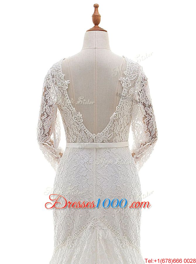 Mermaid Scalloped White Zipper Wedding Gowns Lace Long Sleeves With Brush Train