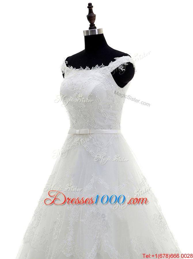 Fantastic Sweep Train A-line Wedding Gowns White Scoop Tulle Sleeveless With Train Zipper