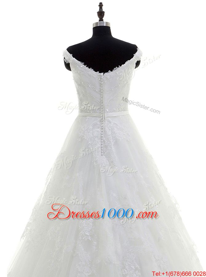 Fantastic Sweep Train A-line Wedding Gowns White Scoop Tulle Sleeveless With Train Zipper