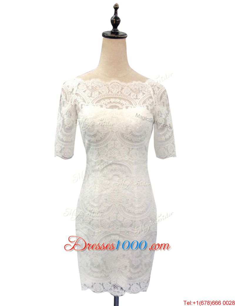 Lace Wedding Dresses White Zipper Half Sleeves With Train Chapel Train