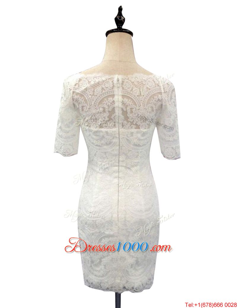 Lace Wedding Dresses White Zipper Half Sleeves With Train Chapel Train