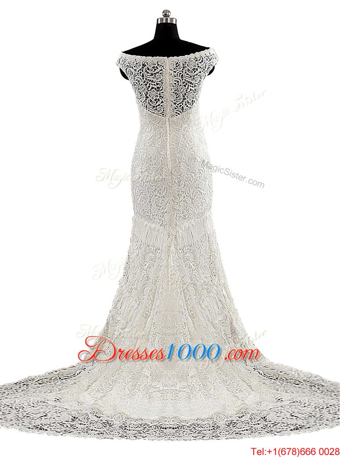 Custom Made White Lace Zipper Wedding Dresses Cap Sleeves With Brush Train Lace and Sashes|ribbons