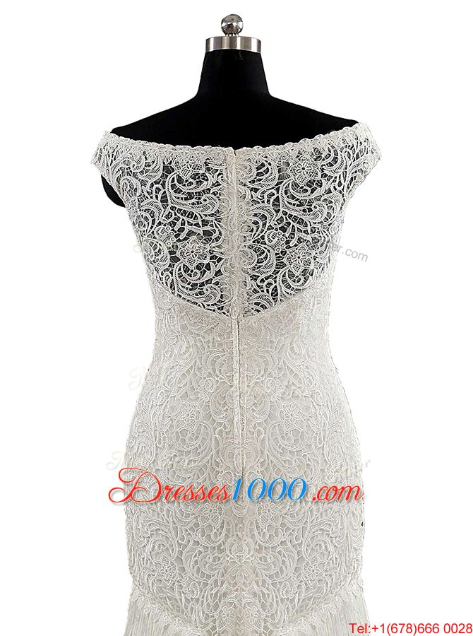 Custom Made White Lace Zipper Wedding Dresses Cap Sleeves With Brush Train Lace and Sashes|ribbons