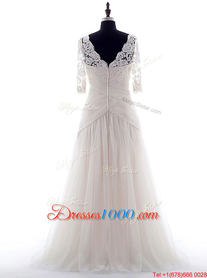 Modest White Wedding Dresses Wedding Party and For with Lace Square Half Sleeves Brush Train Zipper