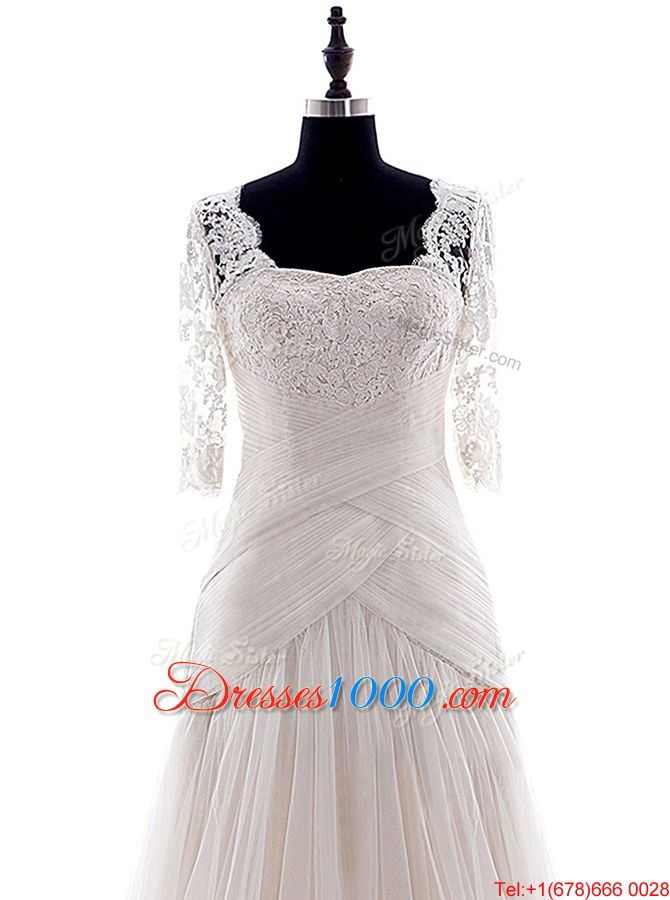 Modest White Wedding Dresses Wedding Party and For with Lace Square Half Sleeves Brush Train Zipper