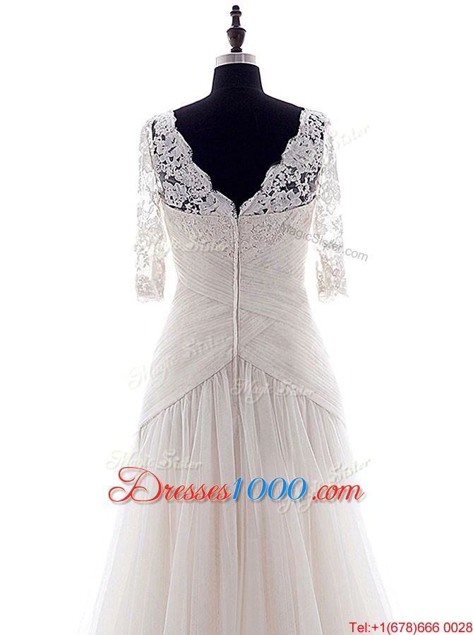 Modest White Wedding Dresses Wedding Party and For with Lace Square Half Sleeves Brush Train Zipper