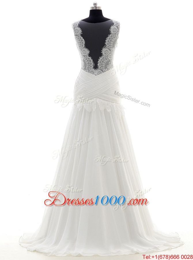 Scoop With Train White Bridal Gown Chiffon Brush Train Sleeveless Lace