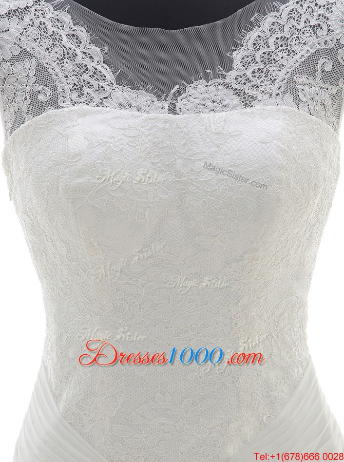 Scoop With Train White Bridal Gown Chiffon Brush Train Sleeveless Lace