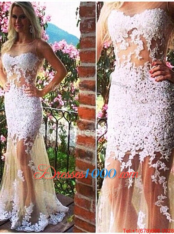 Mermaid Scoop Appliques Formal Evening Gowns Champagne Backless Sleeveless Court Train