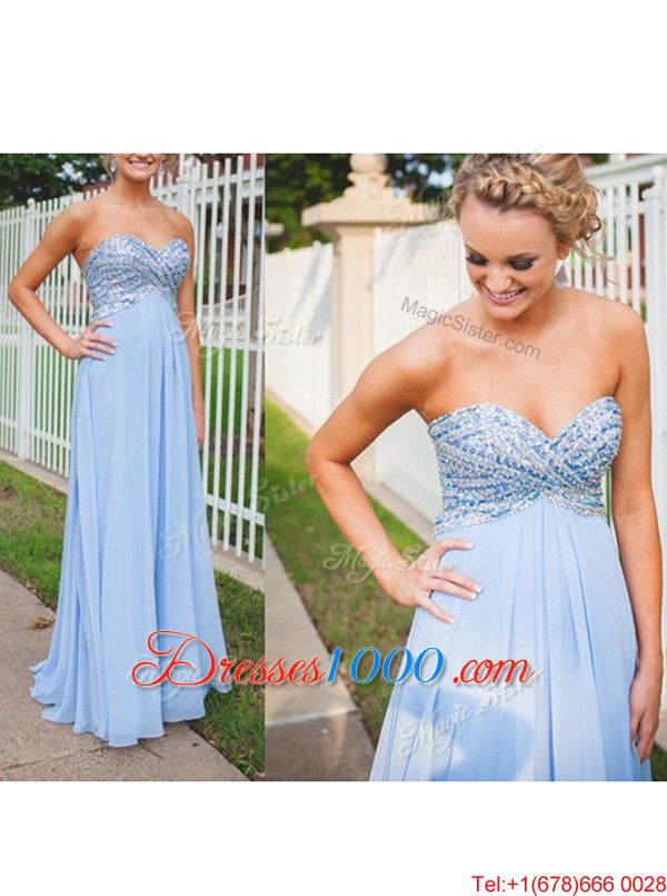 Best Light Blue Chiffon Backless Formal Evening Gowns Sleeveless Floor Length Beading