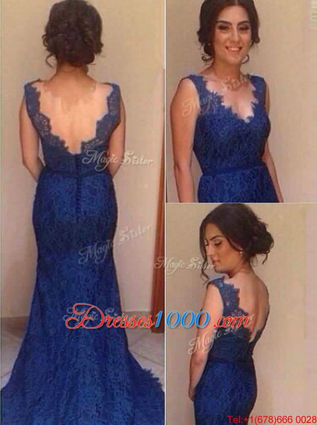 Sophisticated Mermaid Royal Blue V-neck Neckline Lace Evening Gowns Sleeveless Backless