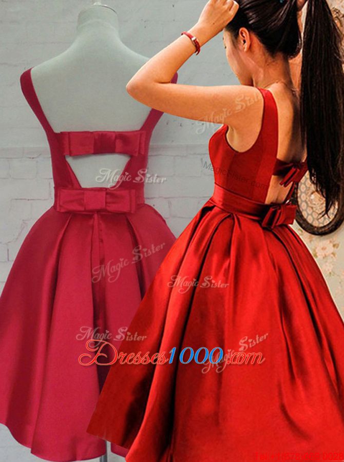 Fantastic Backless Knee Length Red Party Dresses Satin Sleeveless Ruching and Bowknot