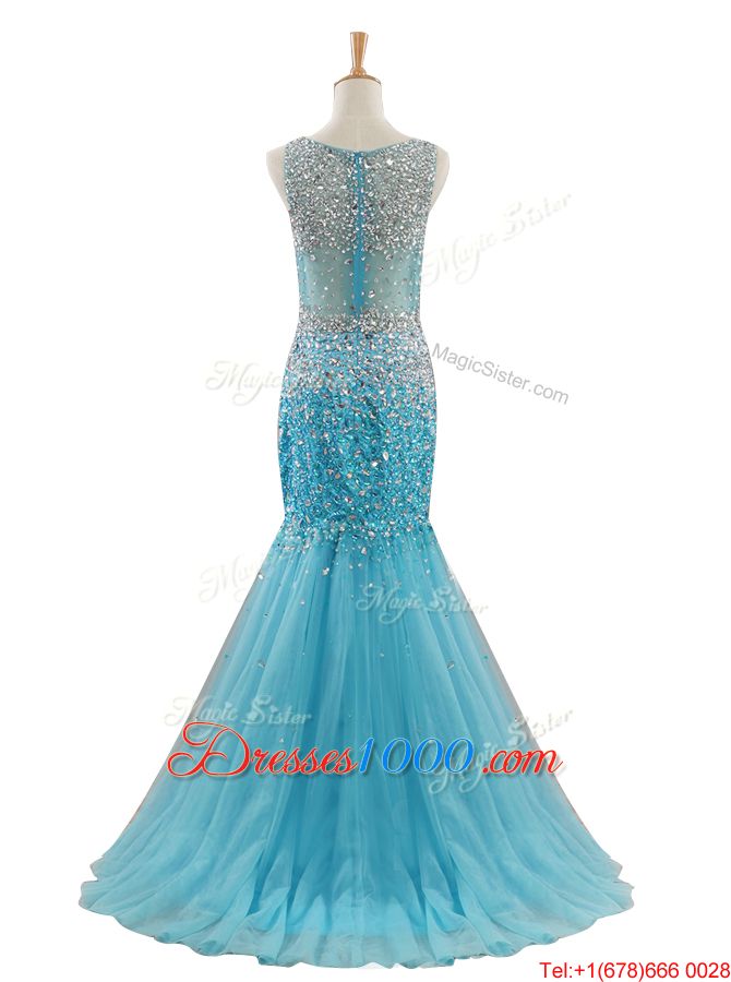 Mermaid Bateau Sleeveless Sweep Train Zipper Evening Wear Blue Tulle