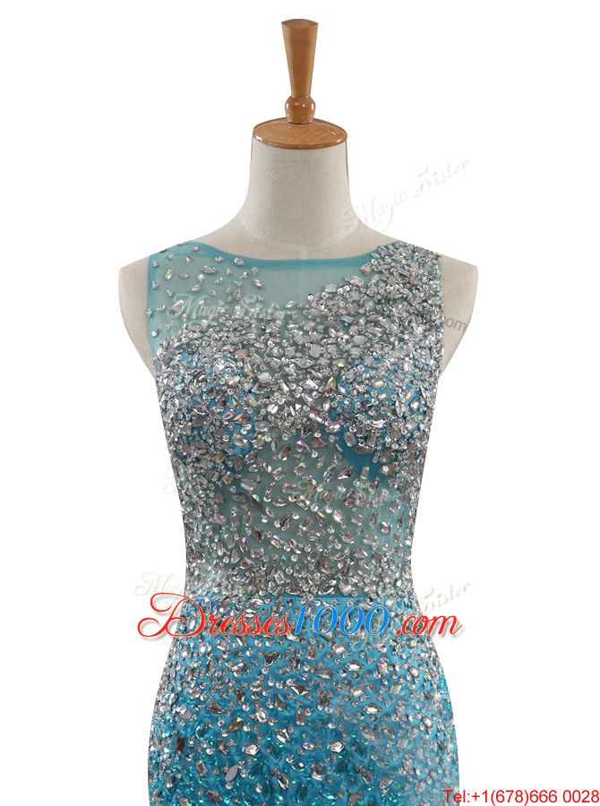 Mermaid Bateau Sleeveless Sweep Train Zipper Evening Wear Blue Tulle