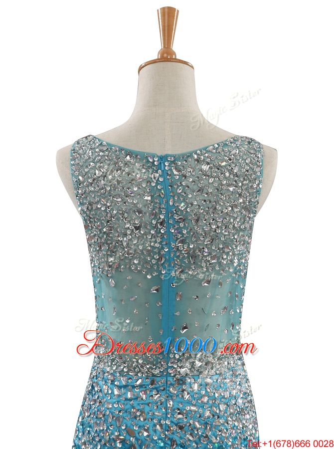 Mermaid Bateau Sleeveless Sweep Train Zipper Evening Wear Blue Tulle
