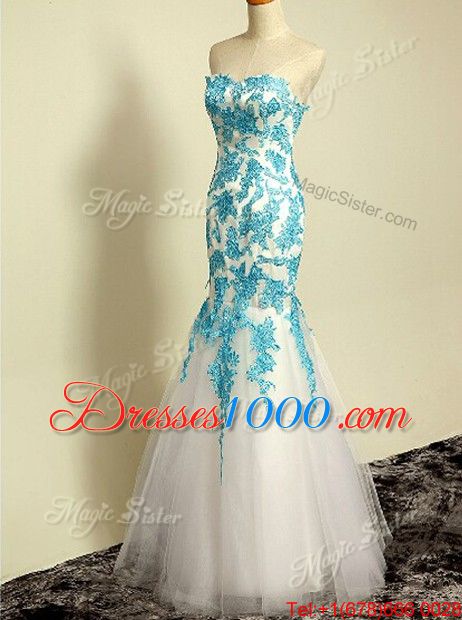 Flare Mermaid Blue and Blue And White Lace Up Prom Dress Appliques Sleeveless Floor Length