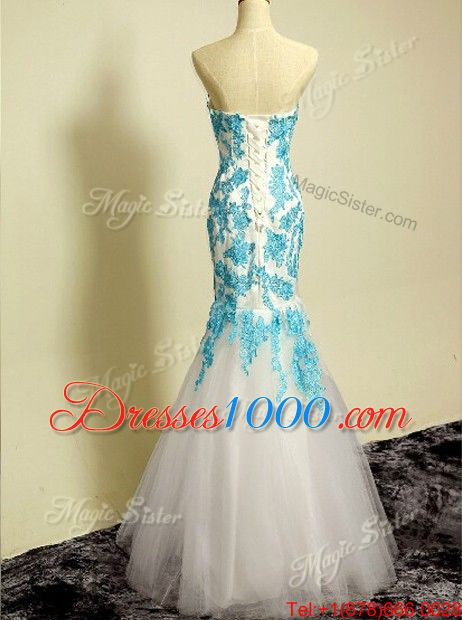 Flare Mermaid Blue and Blue And White Lace Up Prom Dress Appliques Sleeveless Floor Length