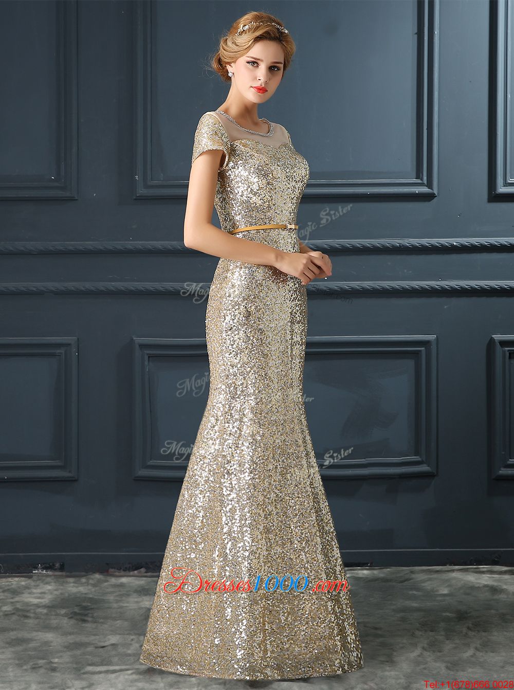 Discount Mermaid Scoop Cap Sleeves Floor Length Sequins and Belt Champagne Sequined