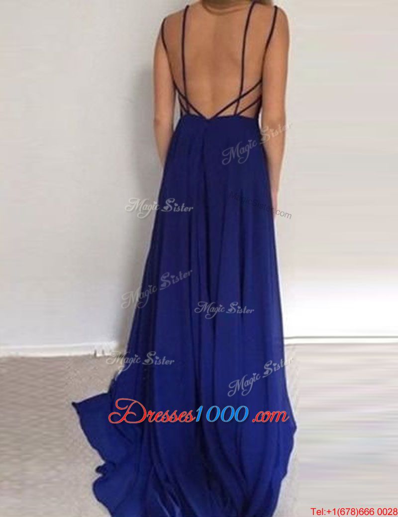 Scoop Sleeveless Chiffon Evening Dress Ruching Brush Train Backless