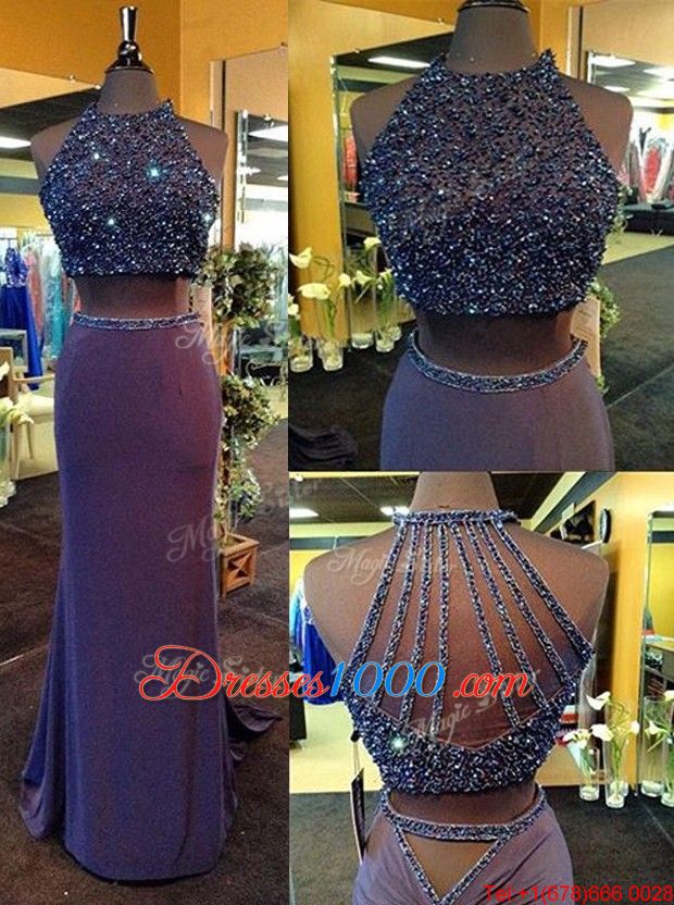 Purple Sleeveless Floor Length Beading Criss Cross Hoco Dress
