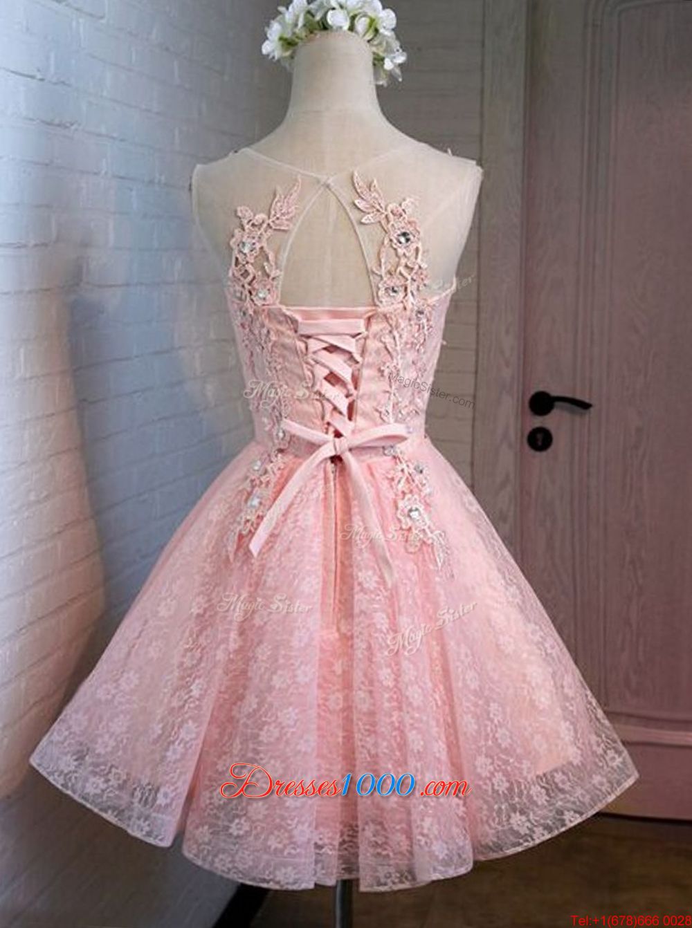 Pink Lace Up Scoop Appliques Prom Dress Lace Sleeveless