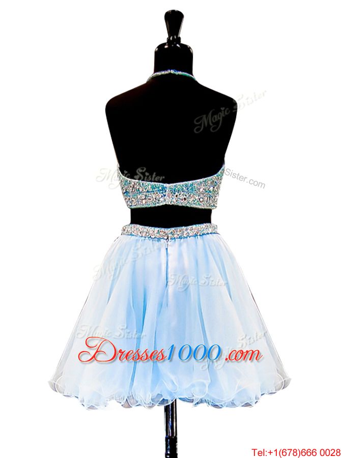 Tulle Halter Top Sleeveless Zipper Beading Evening Wear in Light Blue
