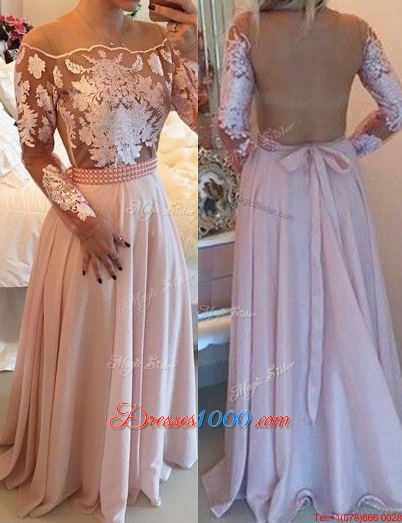 Flirting Pink Side Zipper Scoop Beading and Appliques and Sashes|ribbons Womens Evening Dresses Chiffon Long Sleeves