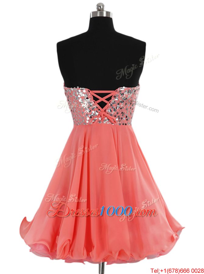 Watermelon Red Chiffon Lace Up Sweetheart Sleeveless Mini Length Teens Party Dress Beading