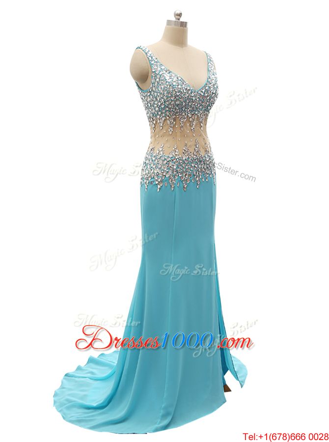 Mermaid Sleeveless Beading Zipper Prom Gown with Aqua Blue Brush Train