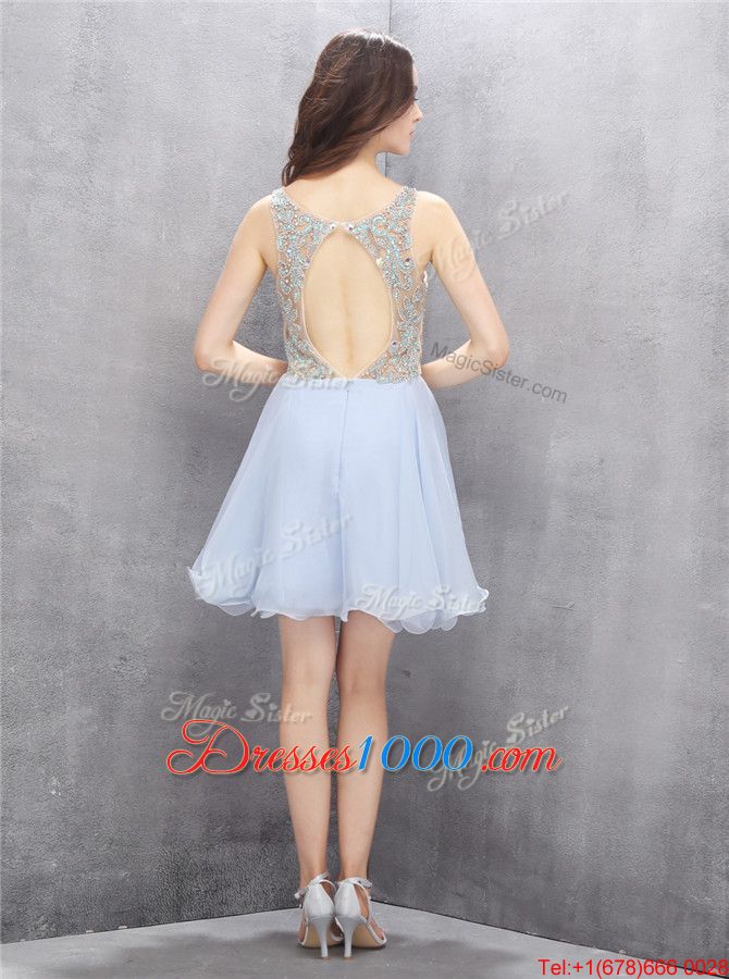 Free and Easy Sequins Scoop Sleeveless Zipper Juniors Evening Dress Light Blue Chiffon