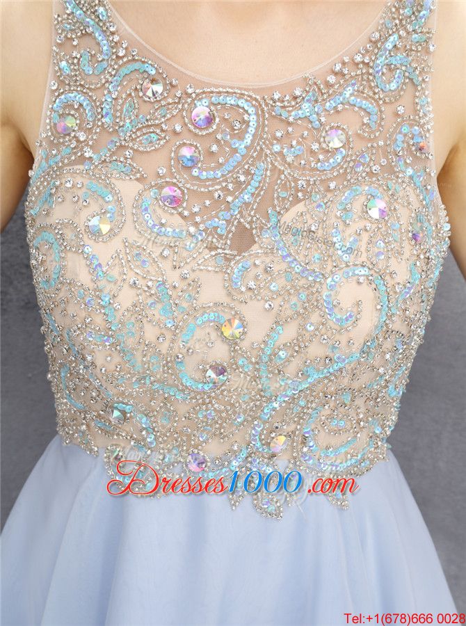Free and Easy Sequins Scoop Sleeveless Zipper Juniors Evening Dress Light Blue Chiffon
