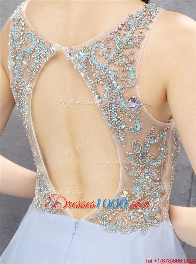 Free and Easy Sequins Scoop Sleeveless Zipper Juniors Evening Dress Light Blue Chiffon
