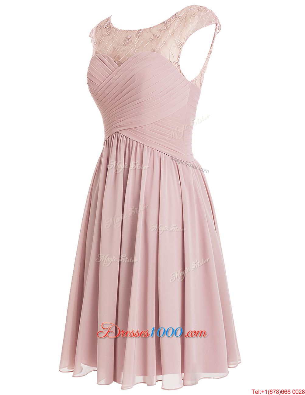 Custom Design Scoop Pink Chiffon Zipper Evening Dress Cap Sleeves Knee Length Beading