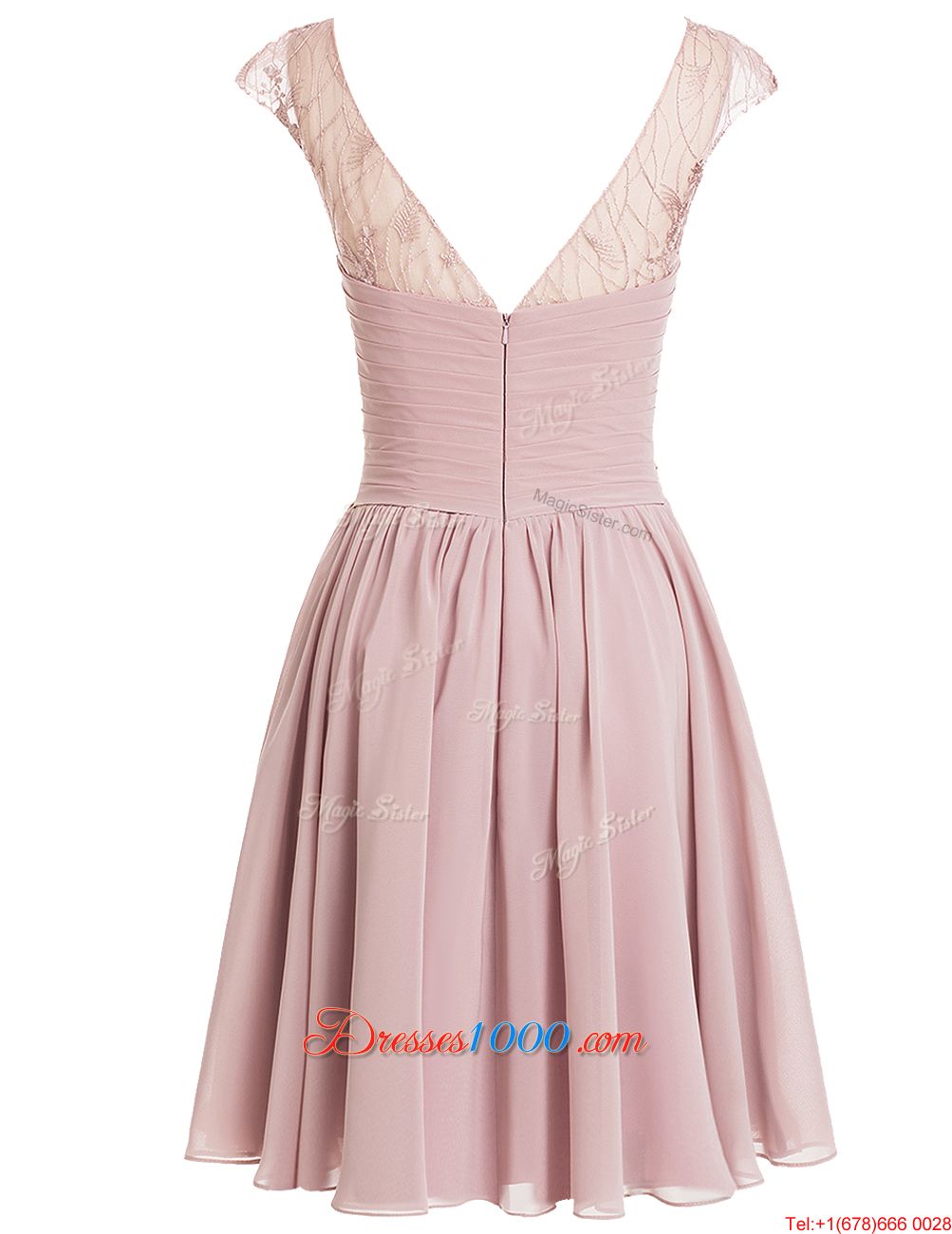 Custom Design Scoop Pink Chiffon Zipper Evening Dress Cap Sleeves Knee Length Beading