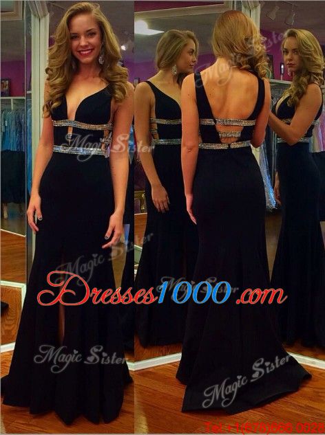 Ideal Mermaid Royal Blue Chiffon Backless V-neck Sleeveless Floor Length Evening Wear Beading