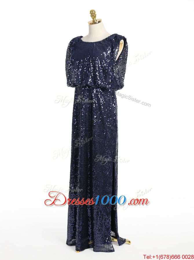 High Quality Navy Blue Sequined Zipper Scoop Sleeveless Floor Length Going Out Dresses Sequins