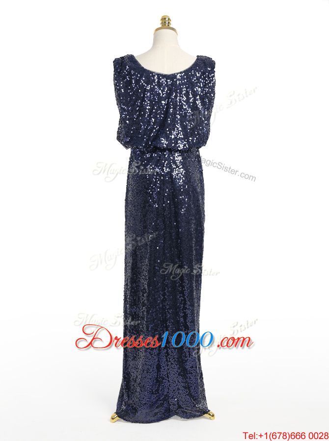 High Quality Navy Blue Sequined Zipper Scoop Sleeveless Floor Length Going Out Dresses Sequins