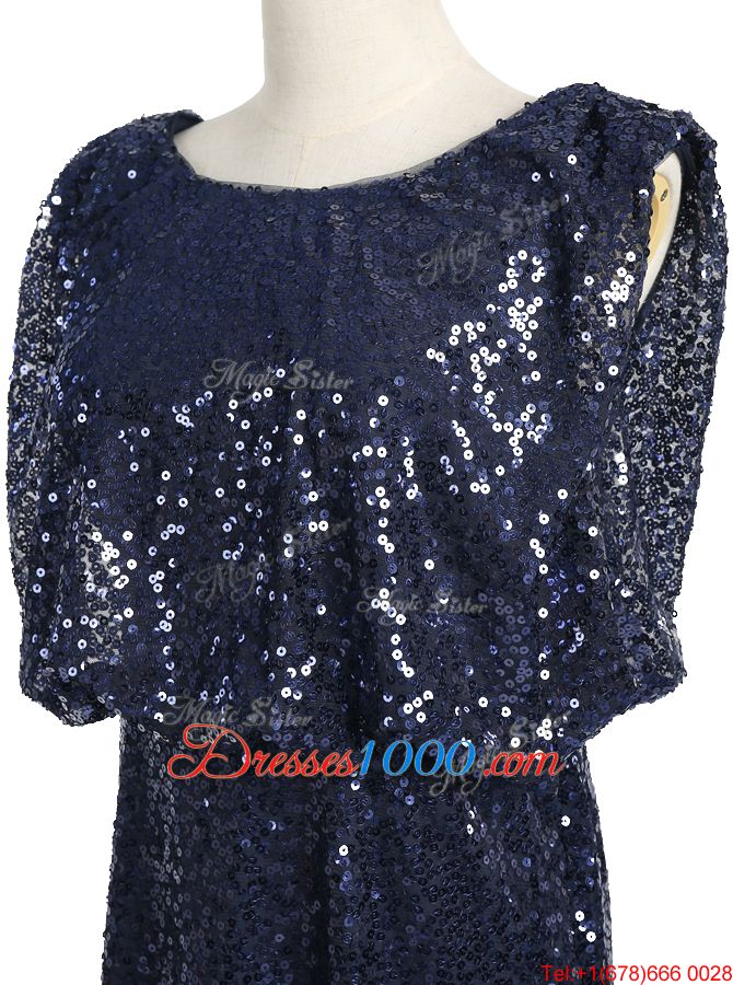 High Quality Navy Blue Sequined Zipper Scoop Sleeveless Floor Length Going Out Dresses Sequins