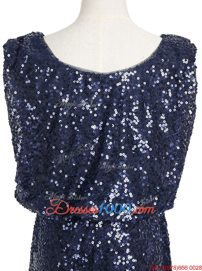 High Quality Navy Blue Sequined Zipper Scoop Sleeveless Floor Length Going Out Dresses Sequins