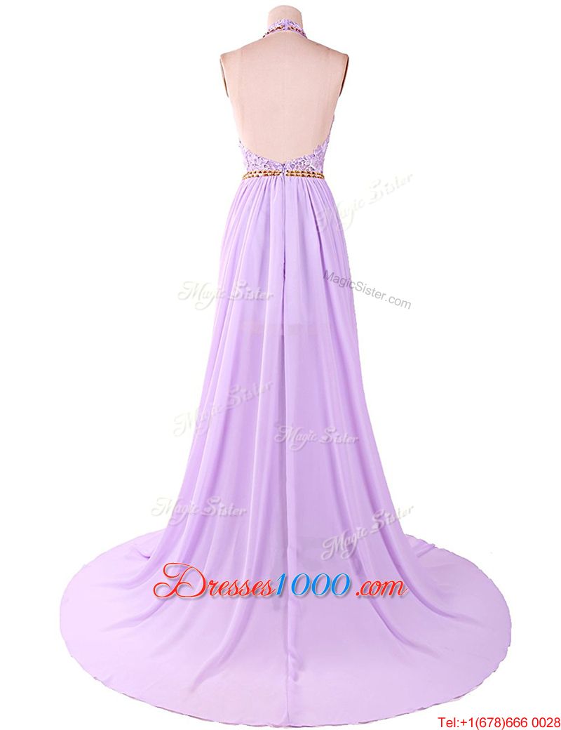 Fitting Lace Lavender Backless Sleeveless With Brush Train