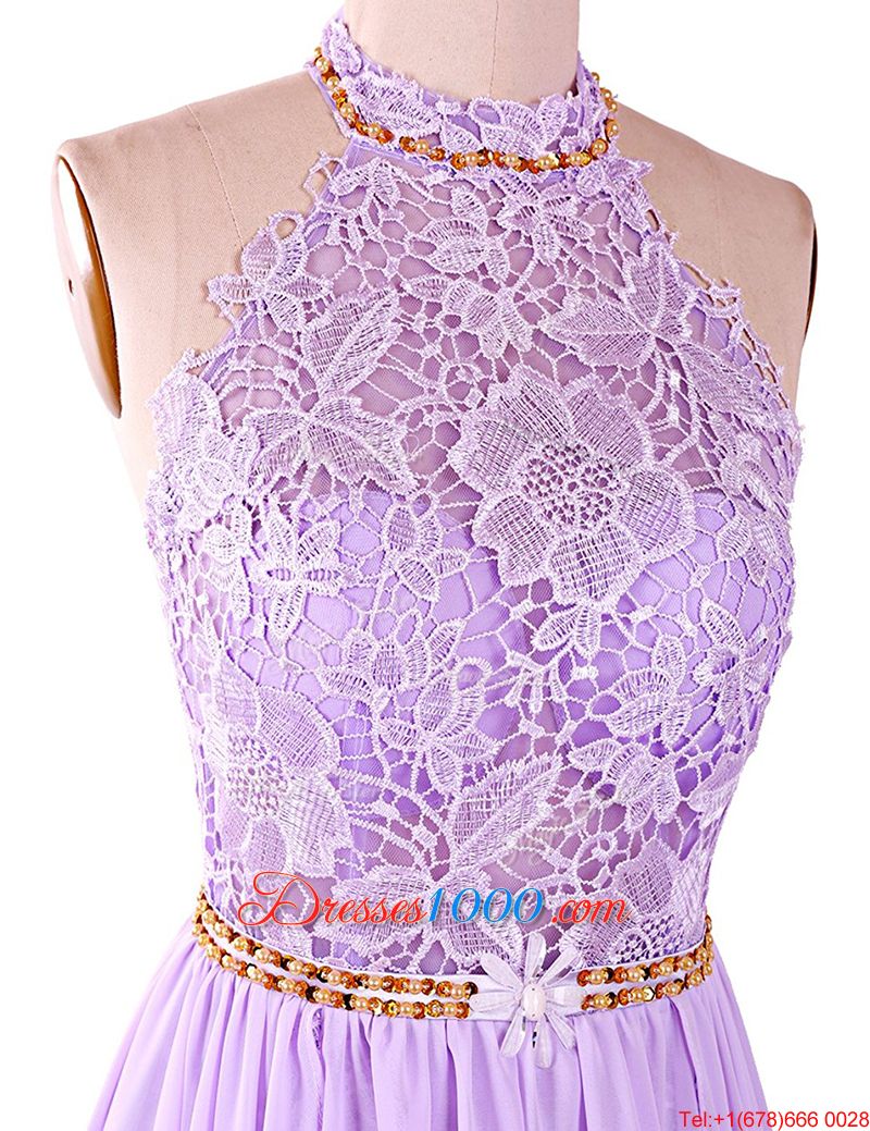 Fitting Lace Lavender Backless Sleeveless With Brush Train
