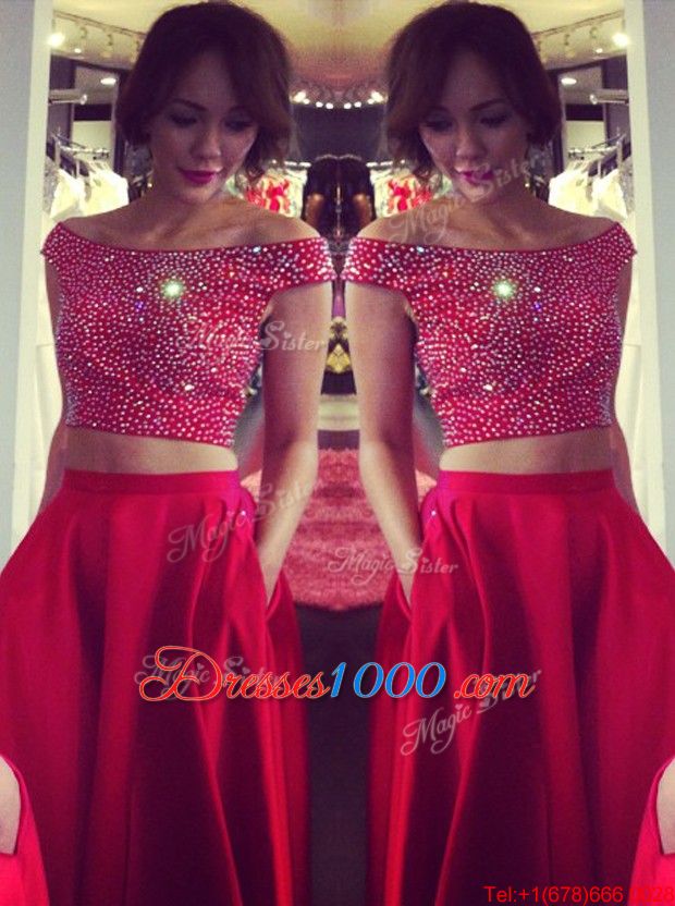 Best Backless Off The Shoulder Sleeveless Evening Gowns With Train Sweep Train Beading Red Satin