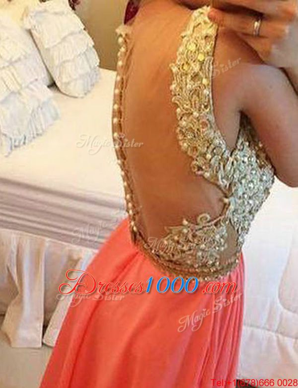 Flirting Watermelon Red Formal Dresses Prom and For with Beading and Appliques V-neck Sleeveless Backless