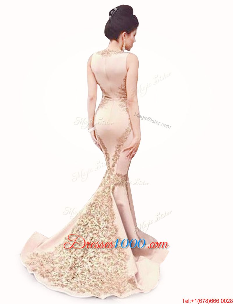 Mermaid Scoop Peach Sleeveless Brush Train Beading With Train Homecoming Dress