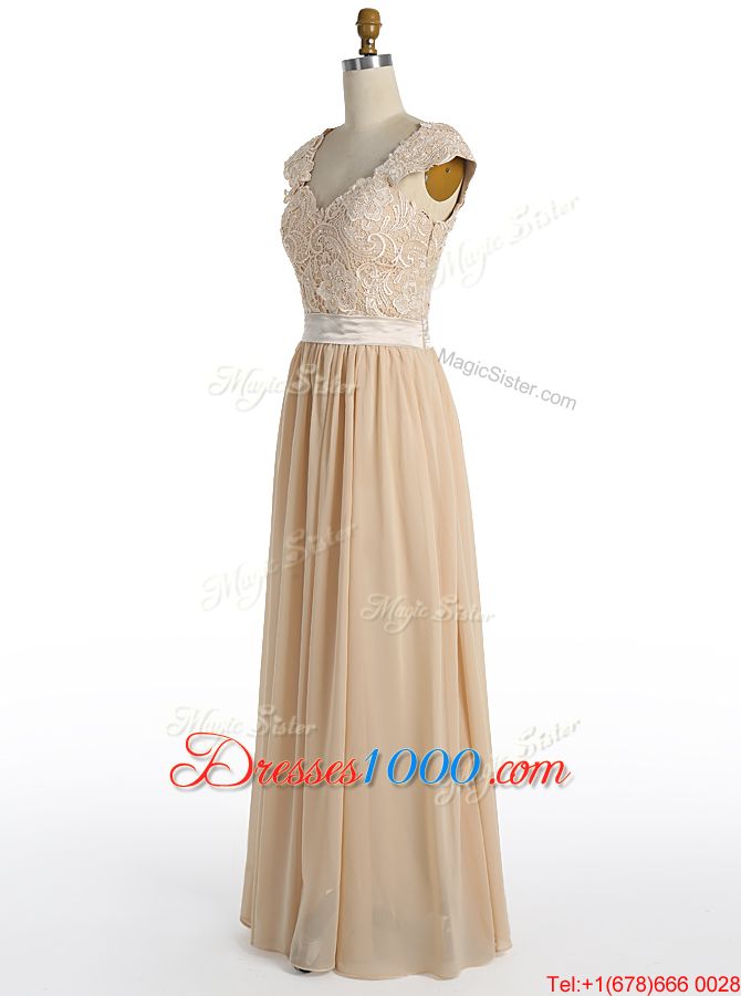 Modest Champagne Cap Sleeves Chiffon Side Zipper Homecoming Dress for Prom and Party