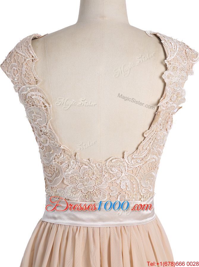 Modest Champagne Cap Sleeves Chiffon Side Zipper Homecoming Dress for Prom and Party