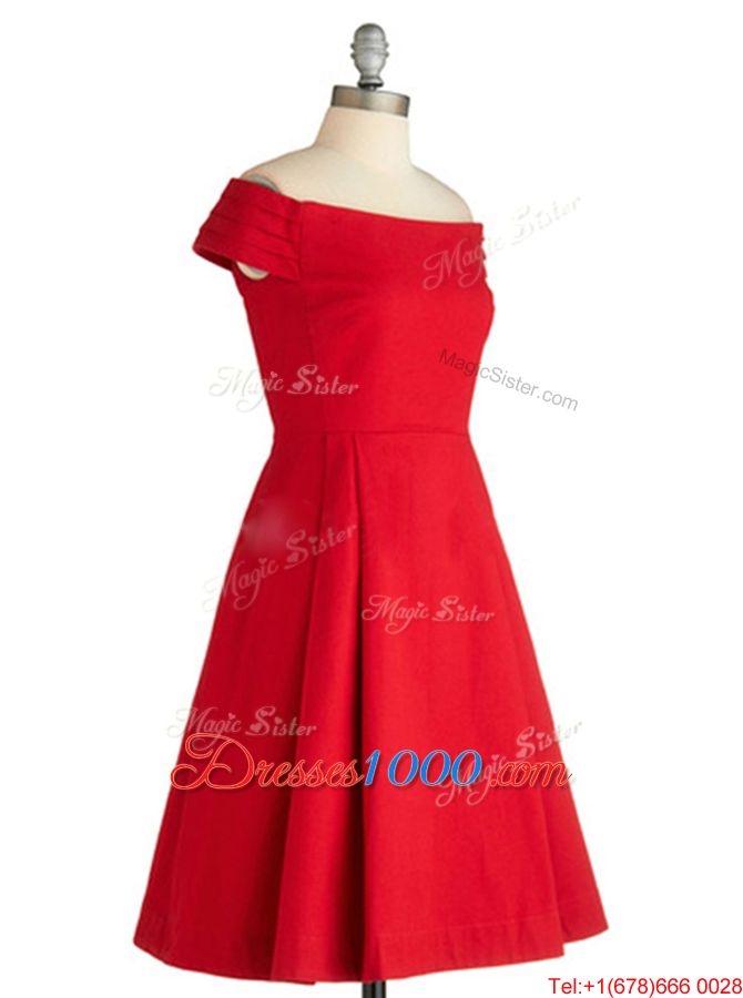Red Off The Shoulder Neckline Ruching Womens Party Dresses Sleeveless Zipper