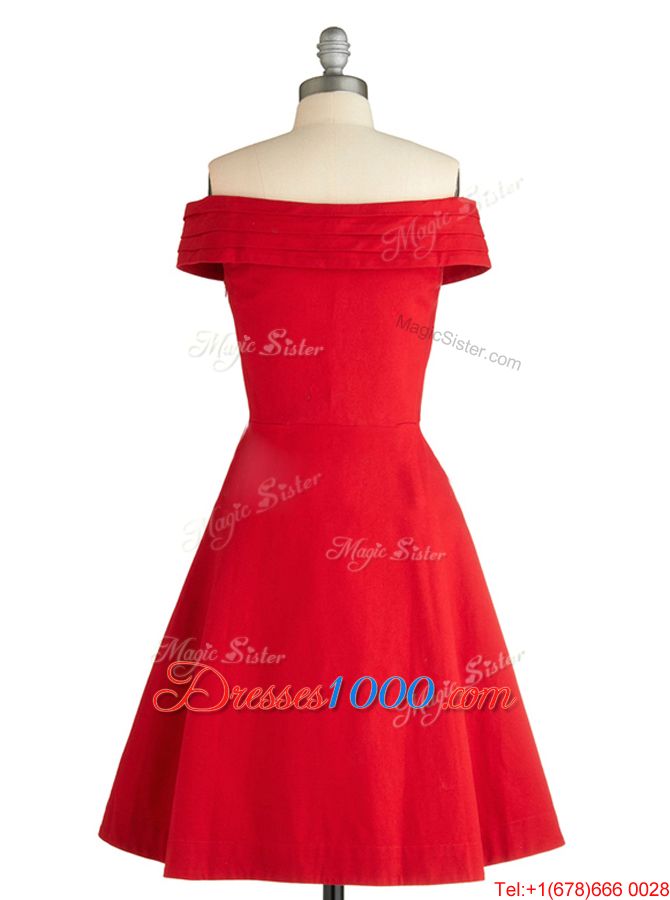 Red Off The Shoulder Neckline Ruching Womens Party Dresses Sleeveless Zipper
