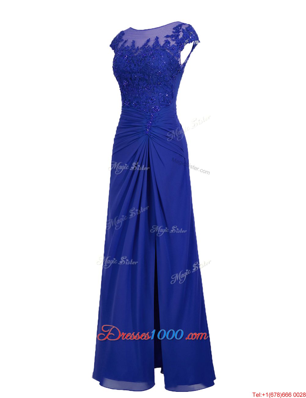 Stunning Scoop Floor Length Royal Blue Homecoming Dress Chiffon Cap Sleeves Appliques