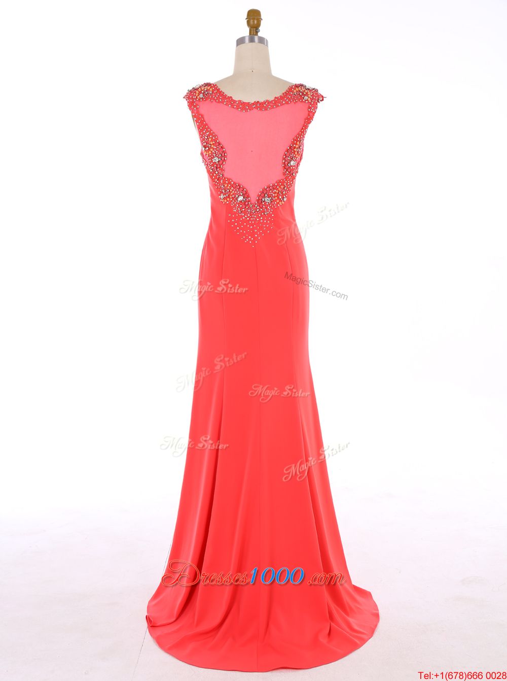 Flirting Watermelon Red Mermaid Scoop Sleeveless Chiffon Brush Train Zipper Beading Evening Outfits